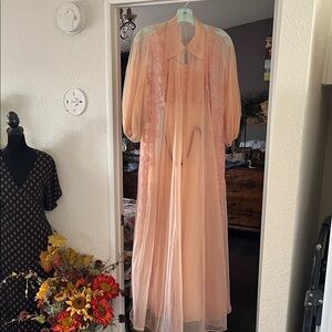 Peach Sheer Long Vintage Robe and nightgown with Lace and rope tie